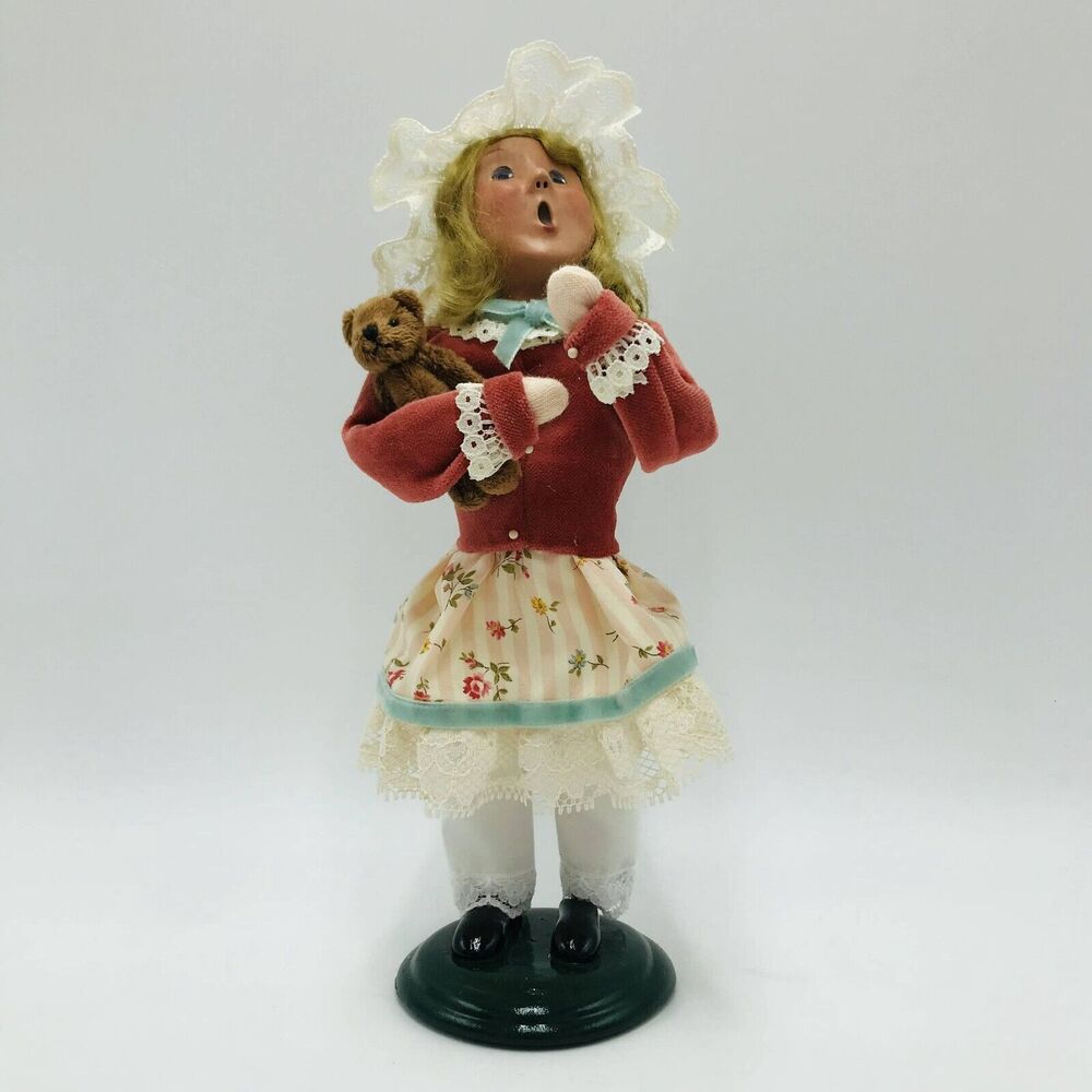 Byers Choice Carolers Girl with Teddy Bear Pink Striped Floral Skirt 9.5" 2010
